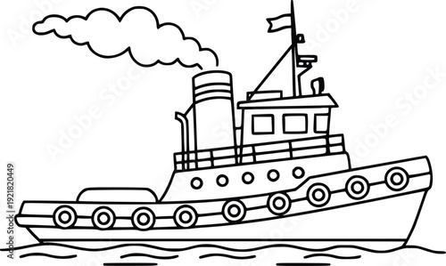 Tugboat Simple Line Art Vector Illustration