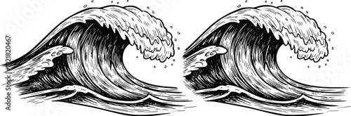 Wavy Ocean Waves Black and White Vector Illustration