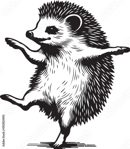 Dancing Hedgehog sketch engraving generative ai PNG illustration. Scratch board imitation. Black and white 