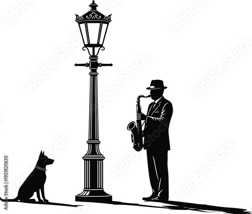 Black silhouette of man playing saxophone with dog and street lamp 1