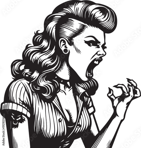 woman with a bold hairstyle, screaming with a fierce expression, intense emotion and punk attitude in vintage style sketch engraving generative ai vector illustration. Black and white 