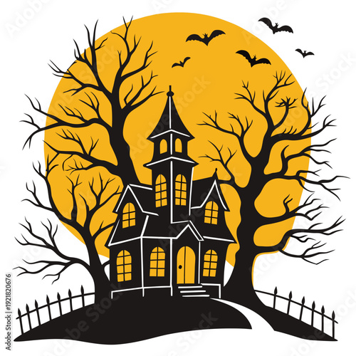A spooky haunted house on a hill under a full moon Vector