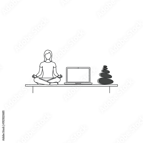 Woman Meditating Beside Laptop and Stacked Stones on Shelf Zen Work Balance Line Art