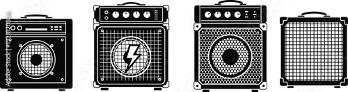 Guitar amplifier set with speaker cabinets isolated on white background, music equipment icons for audio sound system vector illustration collection design
