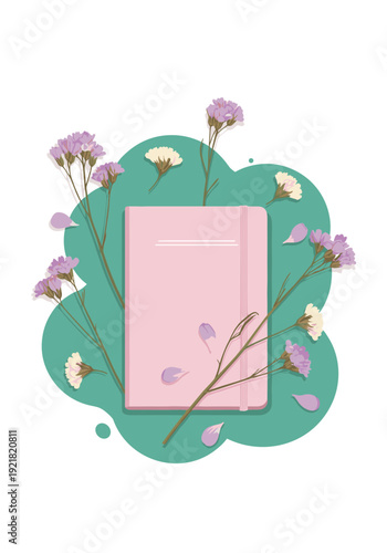 A closed notebook, with several dried flower stems and petals scattered around it, as if they had fallen. The background is partially shaped like a "soft cloud."
