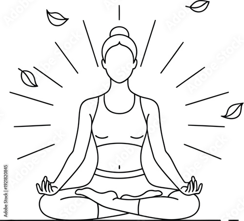 Minimalist line art illustration depicting a serene woman practicing lotus meditation posture surrounded by radiating energy and floating leaves symbolizing peace