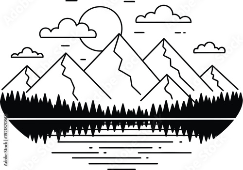Minimalist black and white line art graphic depicting towering mountain peaks reflected perfectly over a calm body of water surrounded by forest silhouettes