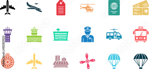 Airport and Travel Icons: A Colorful Collection of Transportation Symbols