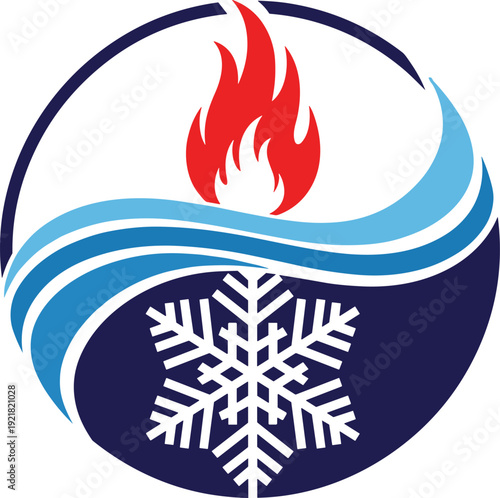 Heating and cooling HVAC logo with flame water wave and snowflake symbols, climate control concept vector illustration isolated on white