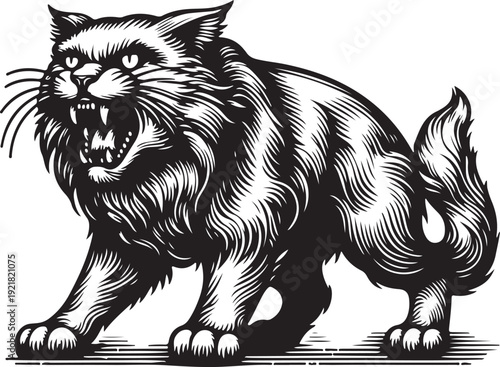roaring cat with sharp teeth and detailed fur, showcasing its fierce expression sketch engraving generative ai vector illustration. Scratch board imitation. Black and white 