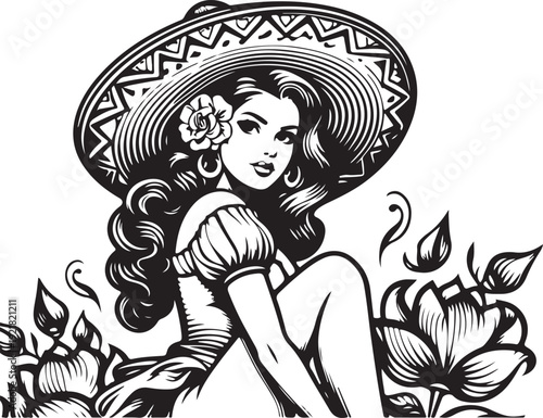  elegant Latina woman, traditional dress and sombrero, with flowers in her hair sketch engraving generative ai fictional character raster illustration. Scratch board imitation. Black and white