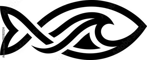 Stylized abstract black silhouette fish illustration with interwoven curved lines, symbolizing aquatic life, symmetry, and decorative design motifs