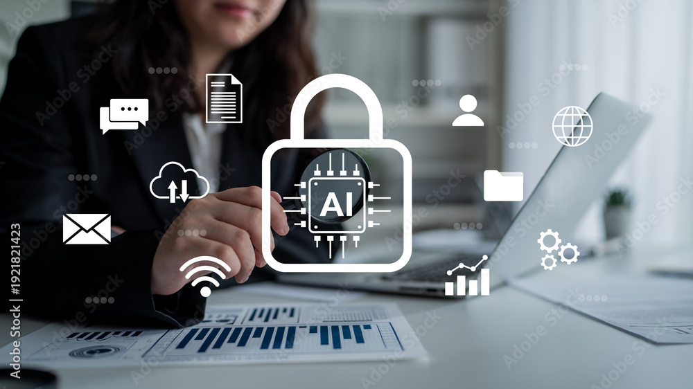 Fototapeta premium A business professional sits at a desk using a laptop, demonstrating artificial intelligence security features with overlay icons that represent data analytics and communication. Gantry