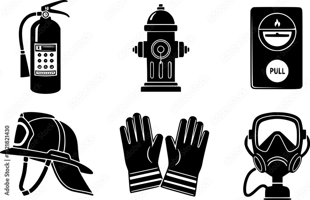 Fototapeta premium Fire Safety And Firefighting Equipment Icons Featuring Extinguishers Hydrants Helmets Masks Gloves And Alarms