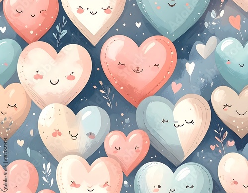 Charming illustration of adorable, smiling hearts in various pastel colors, arranged playfully against a soft blue background