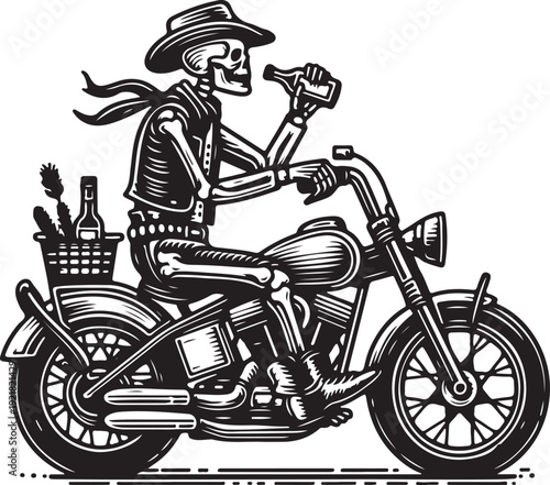  skeleton biker riding a motorcycle, wearing a scarf and hat, depicting a cool, rebellious vibe sketch engraving generative ai vector illustration. Scratch board imitation. Black and white
