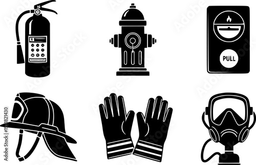 Fire Safety And Firefighting Equipment Icons Featuring Extinguishers Hydrants Helmets Masks Gloves And Alarms