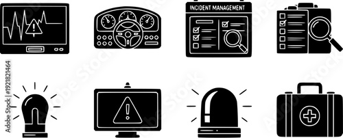 Emergency Incident Management Icons Featuring Medical Alerts Monitoring Dashboards Safety Warnings And First Aid Kits
