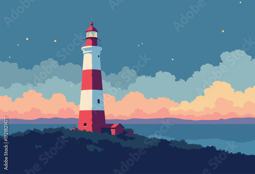 Smeatons Tower lighthouse Plymouth standing bold red white against deep blue evening sea Minimalist lighthouse