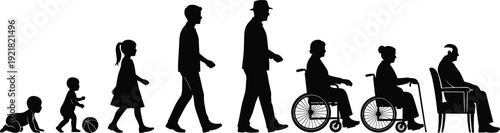 Human life stages silhouettes from baby to elderly vector illustration black and white aging process isolated on white background concept