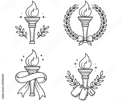 Memorial Torch Emblems with Laurel Wreaths – Line Art Collection