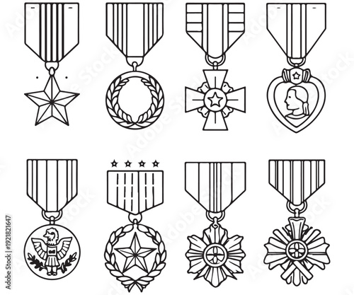 Foto Collection of Military Medals and Decorations – Line Art Illustration