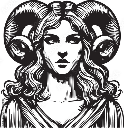 mystical woman with ram horns and flowing hair, symbolizing strength, grace, and mythology sketch engraving generative ai PNG illustration. Scratch board imitation. Black and white