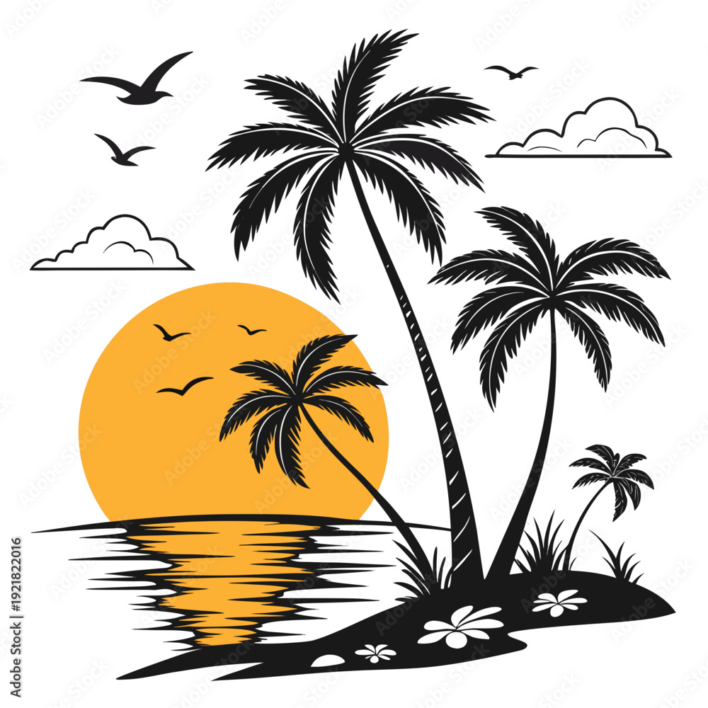 Fototapeta premium A tropical island with palm trees and a sunset Vector