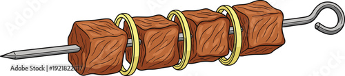 "Vector illustration of grilled meat skewer with onion rings, barbecue food icon, cartoon style design symbolizing cooking, grilling, picnic meals, and culinary traditions"