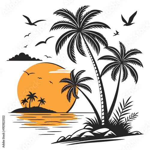 A serene tropical island scene at sunset Vector