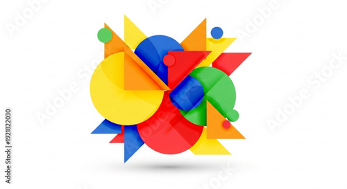 Vibrant 3d geometric shapes in yellow red blue green and orange overlapping and intersecting on white background creating dynamic composition