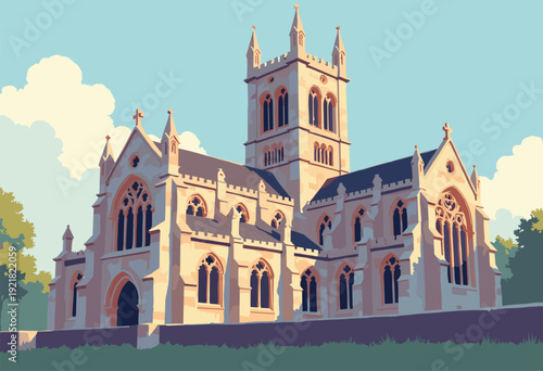Exeter Cathedrals gothic front illustrated focus light shadow Warm stone textures against cool sky