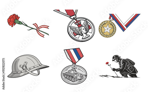 Military medals and soldier with flowers army insignia