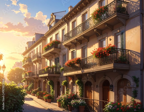 Wallpaper Mural Charming residential street under a sunset sky with balconies overflowing with vibrant flowers and elegant architecture Torontodigital.ca