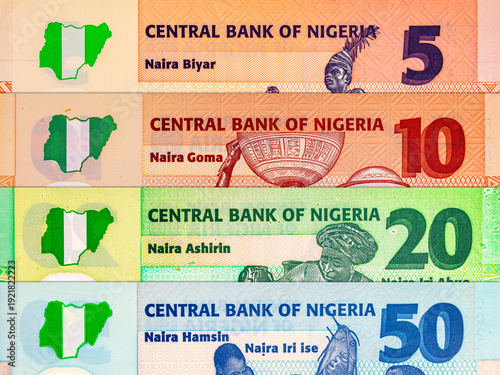 Naira Nigeria banknotes of various denominations. Money of Africa. New polymer money of Nigeria