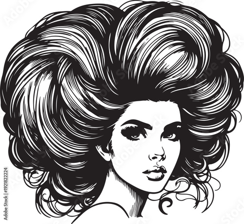 woman with an enormous, intricately curled hairstyle, blending surrealism, elegance, and vintage artistic style sketch engraving generative ai PNG illustration. Scratch board. Black and white