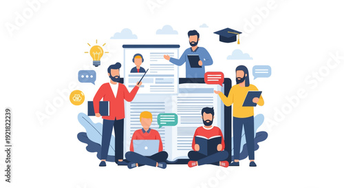 Online Education and E-learning Concept. Students and teachers collaborating remotely, interacting on a mobile platform for digital courses, tutoring, and knowledge transfer.
