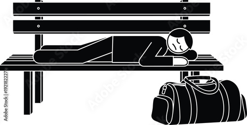 Man sleeping on park bench with duffel bag black and white 1