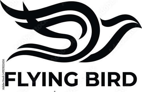 Stylized black flying bird logo illustration with abstract flowing lines and bold text, symbolizing freedom, motion, and aviation motifs