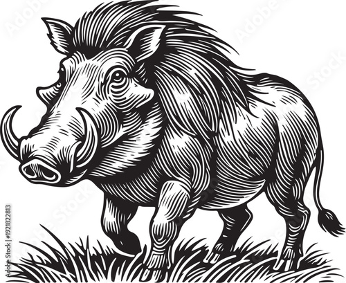 warthog standing in tall grass, depicted in a classic engraving style with fine details sketch engraving generative ai vector illustration. Scratch board imitation. Black and white