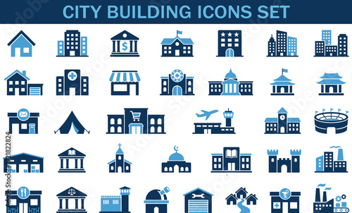 City building icons set, urban architecture vector collection, house bank school hospital airport mosque castle factory symbols, blue flat design editable elements