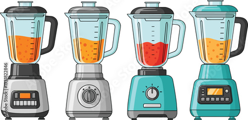 Kitchen blender appliances set with fruit smoothies, modern and retro styles, colorful vector illustration isolated on white background for food preparation