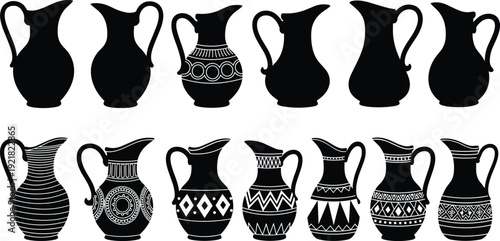 Ceramic jug pitcher silhouettes collection decorative pottery vases traditional clay containers isolated on white background vintage kitchen decor set