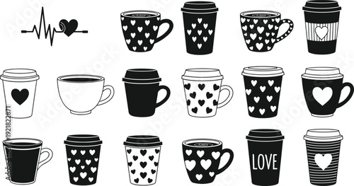 Coffee cup silhouettes collection heart pattern mug takeaway cup isolated on white background beverage love concept set