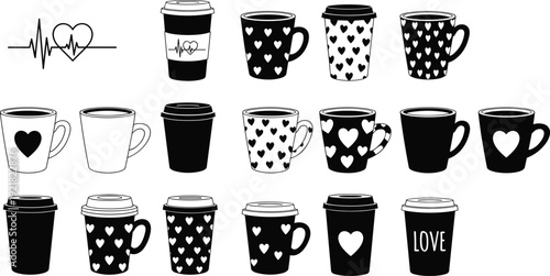Coffee cup silhouettes collection heart pattern mugs takeaway cups isolated on white background beverage love design set