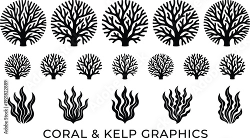 Coral and kelp silhouette collection featuring underwater marine plant elements isolated on light background vector illustration set