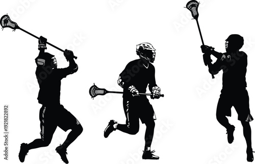 Lacrosse players silhouette collection dynamic action poses vector illustration black athletes isolated running shooting passing team sport clipart editable design set