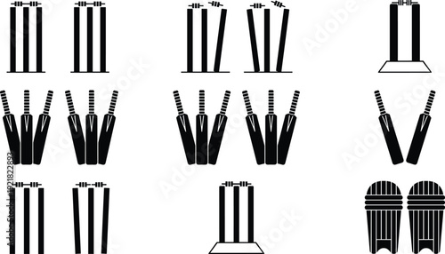 Cricket equipment silhouette collection featuring wickets stumps bats and bails isolated on light background vector illustration set