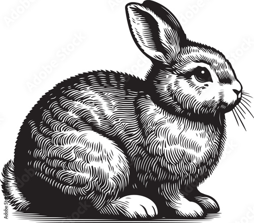 fluffy rabbit sitting calmly, featuring intricate line work and realistic texture in a classic illustration style sketch engraving generative ai raster. Scratch board imitation. Black and white 