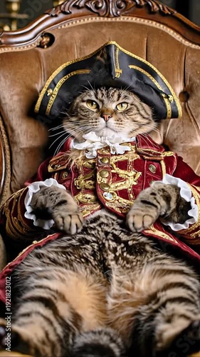 A cat in a historical nobleman's costume sprawled in a chair